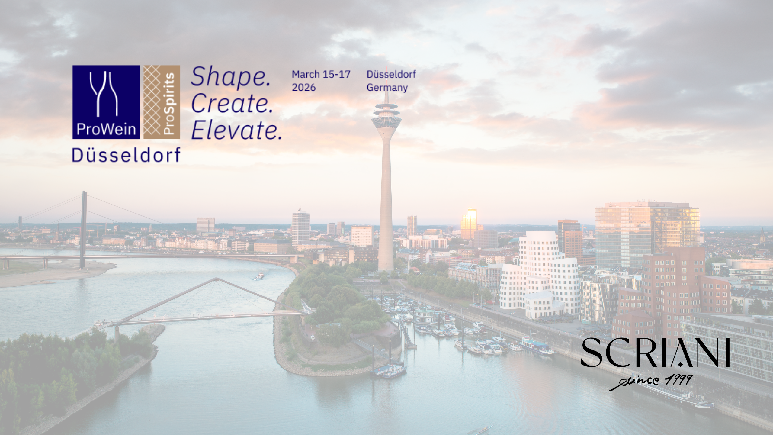 logo del prowein 2026 e logo scriani. sullo sfondo la città di Düsseldorf